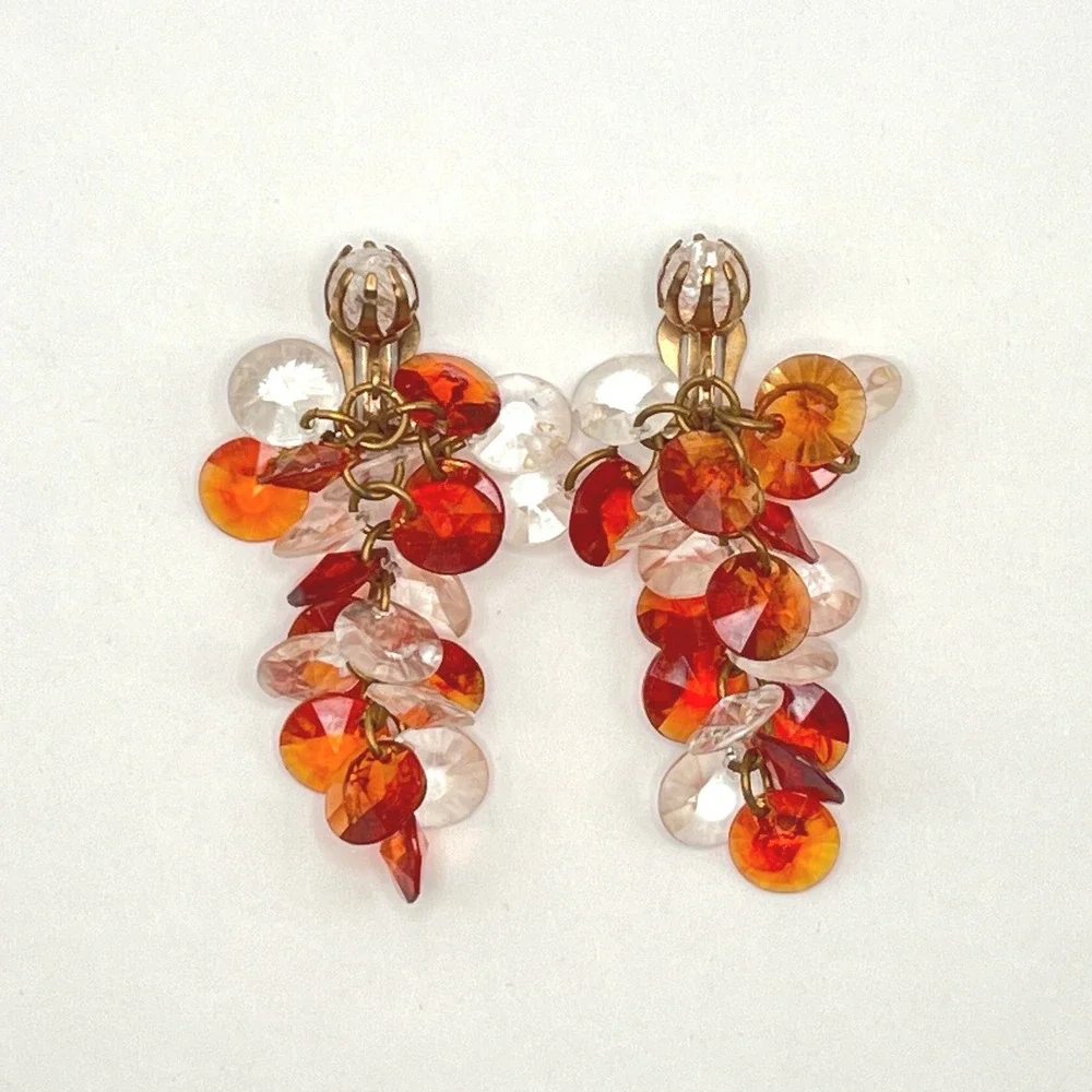 Vintage Lucite Cluster Clip On Earrings‎ Amber Orange Clear Faceted MCM Retro